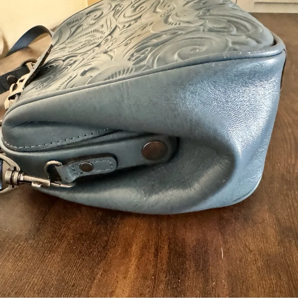 Patricia Nash Embossed Floral Leather Crossbody in Dusty Blue